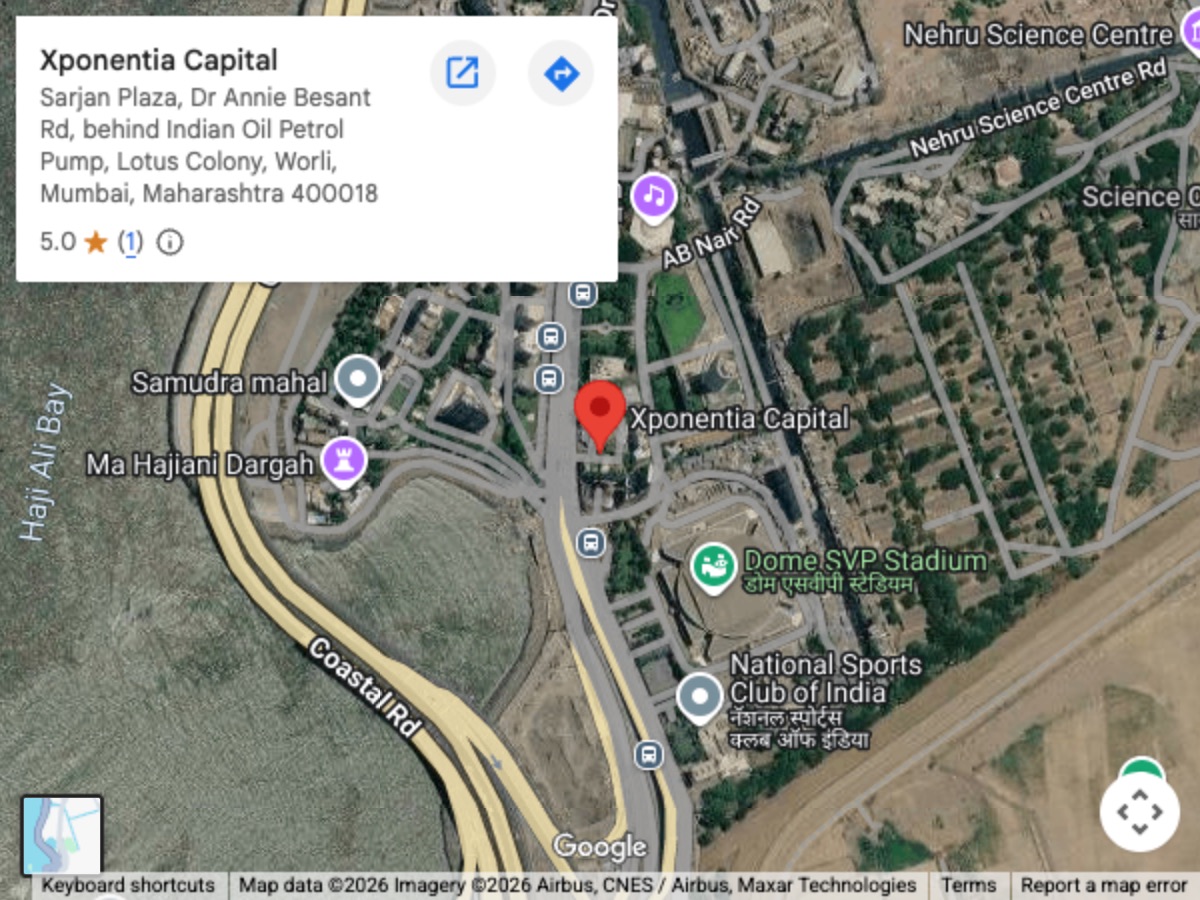 Map of Xponentia Capital office at Sarjan Plaza, Dr Annie Besant Road, Worli, Mumbai. View on Google Maps (opens in new tab)